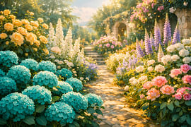 Romantische boerentuin met bloeiende hortensia’s en rozen in het zonlicht van ButterflyPix