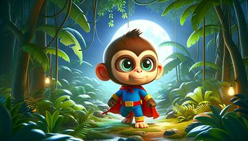 Petit singe héros dans une jungle éclairée par la lune sur artefacti