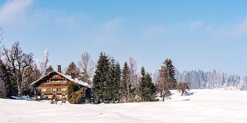Panorama Winterlandschap met Sneeuw Bomen en Boerderij in Allgäu Duitsland