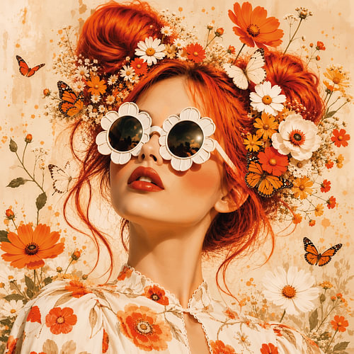 Orange Summer | Illustratives Porträt mit Blumen von Mirjam Duizendstra