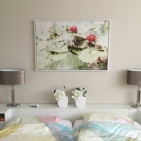 Klantfoto: Roze waterlelies van Paula van den Akker, op canvas