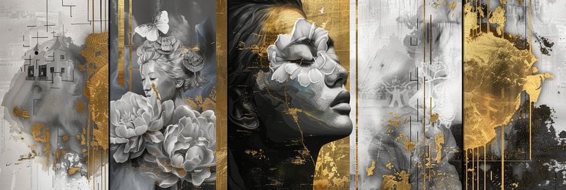 Elegant panorama portrait gold black and white in asian style by Digitale Schilderijen