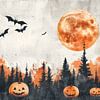 Paysage nocturne d'Halloween - Citrouilles sous la lune de sang sur Eva Lee
