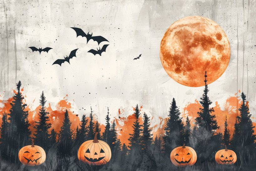 Halloween Nightscape - Pumpkins under the Blood Moon by Eva Lee