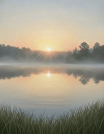 Sonnenaufgang – Spiegelungen auf dem stillen See im Nebel von Regan Frederick