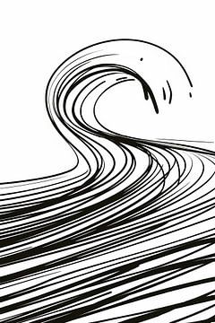 Dessin au trait minimaliste de vagues en noir et blanc sur De Muurdecoratie