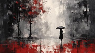 Abstracte kunst vrouw met paraplu in een park met rode bomen in zwart-wit van Animaflora PicsStock