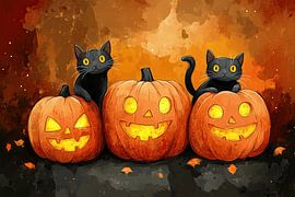 Halloween artwork with black cats and pumpkins