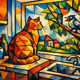 Katze und Vogel – Kubismus von Linda de Klein