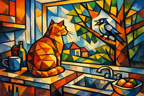 Chat et oiseau - Cubisme