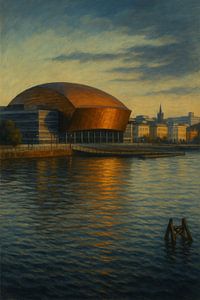 Cardiff Bay in der Dämmerung - Filmische Stille in goldener Reflexion