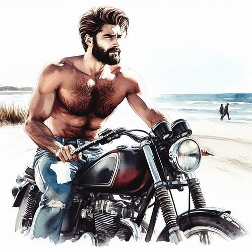 Man met zijn motor op het strand