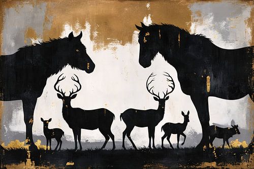 Silhouetten van paarden en herten