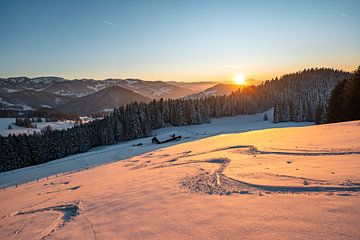 Zonsondergang in de winter met uitzicht op de bergen Staufen, Oberstaufen, Säntis en Hochgrat van Leo Schindzielorz