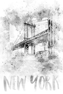 Monochrome Kunst NYC Manhattan Bridge | Aquarell von Melanie Viola