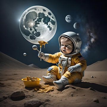 Baby astronaut spelend op de maan