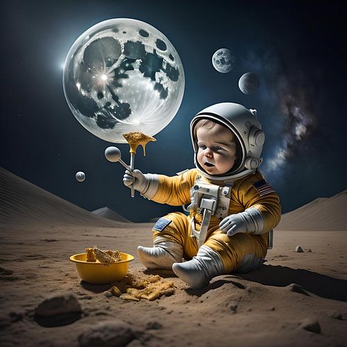 Baby astronaut playing on the moon