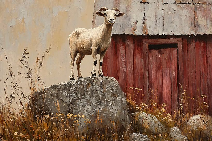 Goat in front of old barn by Imperial Art House