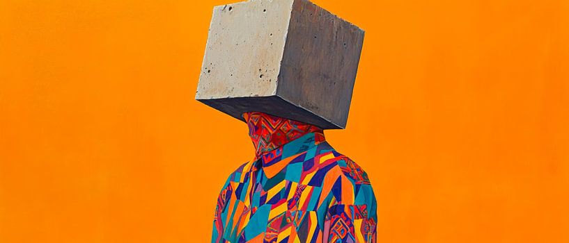 Bunter Mensch mit Betonkopf vor orangefarbigem Hintergrund von Poster Art Shop