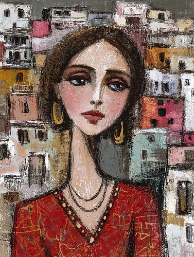 Mediterrane Vrouw met Kleurige Huizen | Vrouw met Oorbellen en Huizen