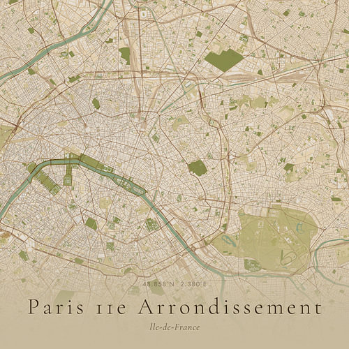 Historische Landkarte des 11. Arrondissements von Paris, Frankreich
