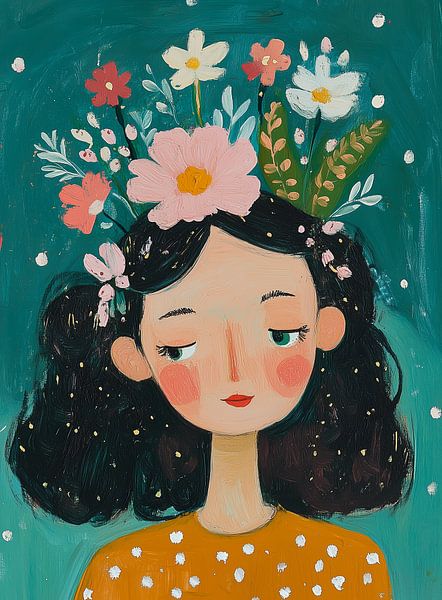 Vrouw met bloemenkroon van Liv ter Riet