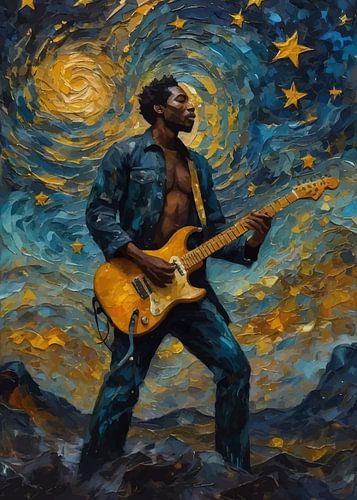 Man speelt elektrische gitaar in abstracte sterrennacht