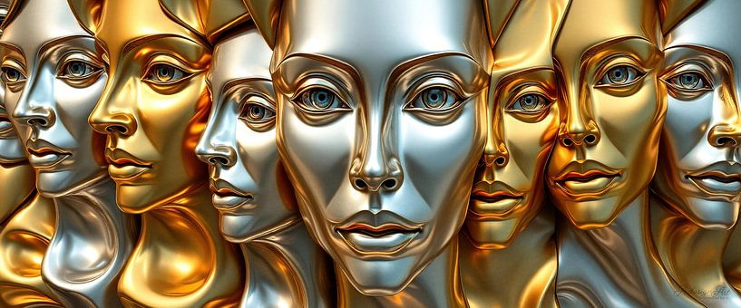 Golden and silver masked gazes - a procession of faces between distance and proximity, concealment and revelation by AidasignArt
