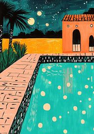 Turquoise pool in front of an orange-coloured house by Niklas Maximilian