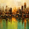 Abstracte reflectie van een skyline in rivier - olieverf van Jan Bechtum
