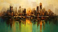Abstracte reflectie van een skyline in rivier - olieverf