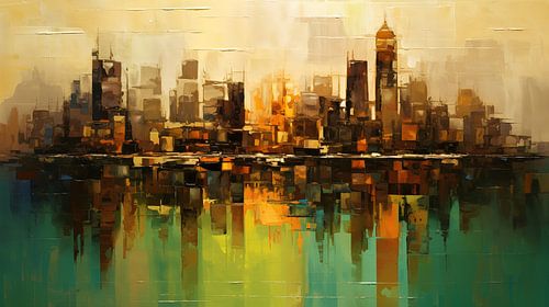 Abstracte reflectie van een skyline in rivier - olieverf van Jan Bechtum