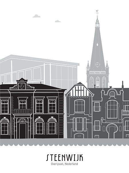 Skyline illustration Steenwijk in black-and-white-grey by Mevrouw Emmer