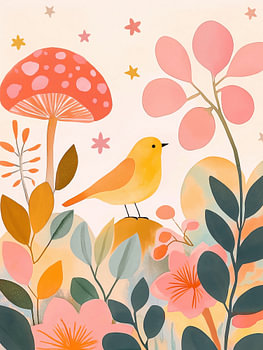 Little Bird in an Enchanted Mushroom Garden