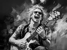 Rockgitarrist bei einem Auftritt in Schwarz-Weiß von STUDIO ARTSY