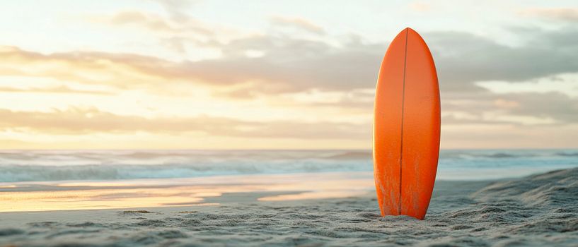 Orange surfboard on the beach at sunset by Poster Art Shop