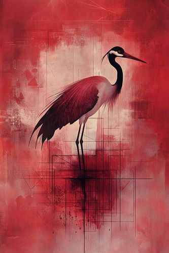 Majestic Crane in Red Abstract