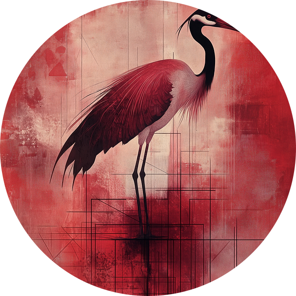 Majestueuze Kraanvogel in Rood Abstract van Eva Lee