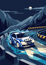 Blauer Rallyewagen, der nachts auf einer Bergstraße driftet – flache Vektorillustration von Adam Khabibi
