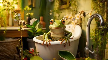 Frog sitting in a bathtub in the bathroom by Animaflora PicsStock
