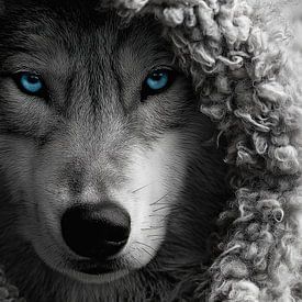 Wolf mit blauen Augen im Schafspelz Schwarz-Weiß-Panorama von TheXclusive Art