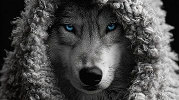 Loup aux yeux bleus déguisé en mouton panorama noir et blanc sur TheXclusive Art