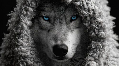 Wolf mit blauen Augen im Schafspelz Schwarz-Weiß-Panorama