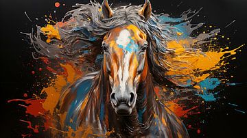 Schilderij van een paardengezicht met kleurrijke verfspatten van Animaflora PicsStock