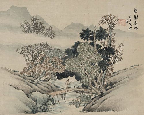 Anonieme kunstenaar - Een man die een brug oversteekt onder overhangende bomen | Sereen natuurtafereel met tijdloze charme