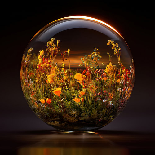 Kleurrijke veldbloemen met gouden licht in glazen bol