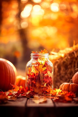 Herfstdecoraties met pompoenen en bladeren