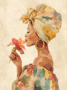 Aquarellbild einer eleganten Frau mit Kopftuch und Blume