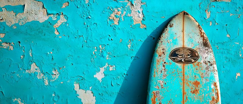 Verwitterte Surfbrett vor blauer Wand von Poster Art Shop