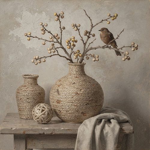 Aardekrans – landelijk stilleven met vogel en bessentakken